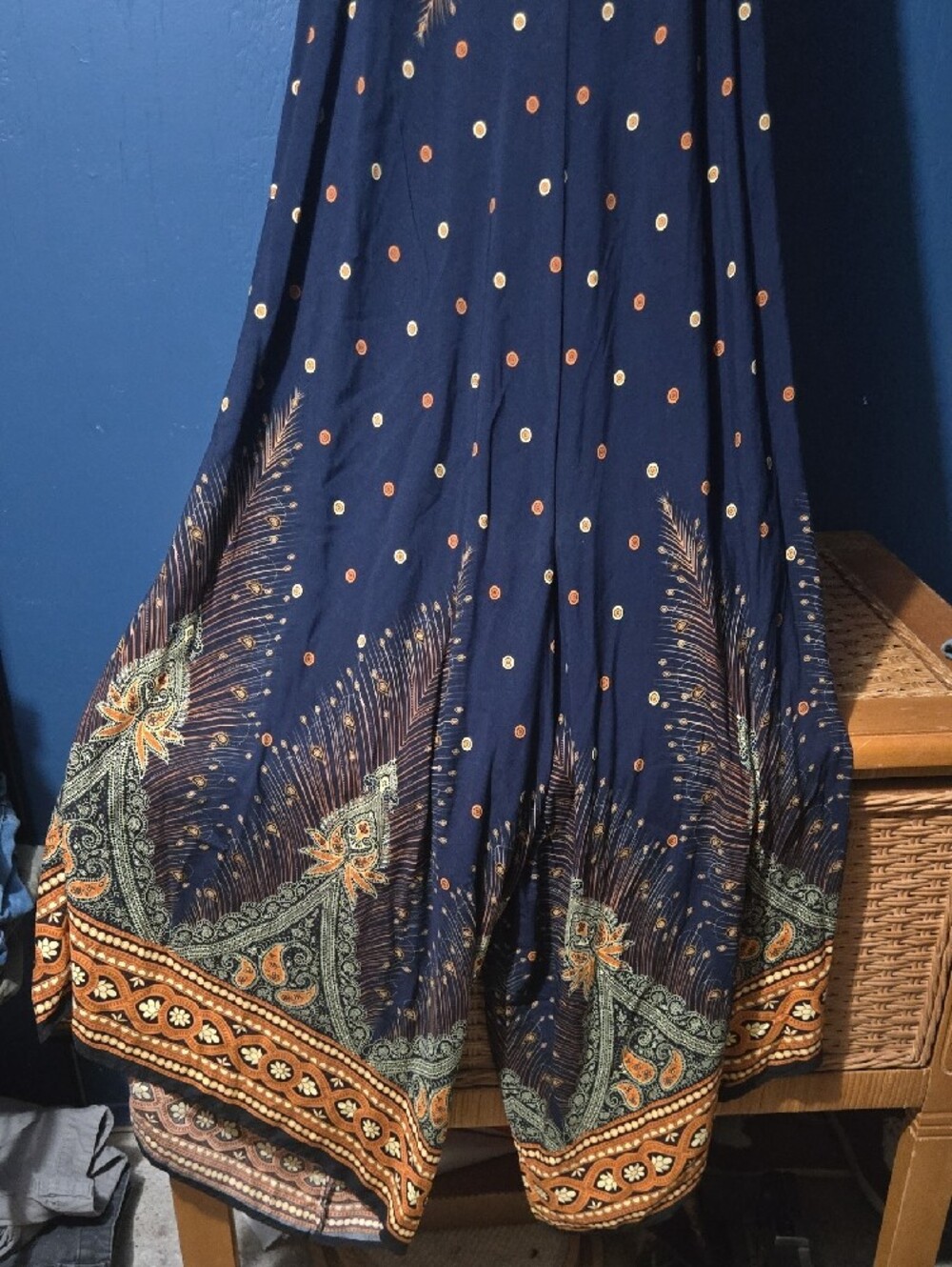BloomChic Navy Wide-Leg Printed Jumpsuit with Gold & Teal Border - Picture 6 of 6